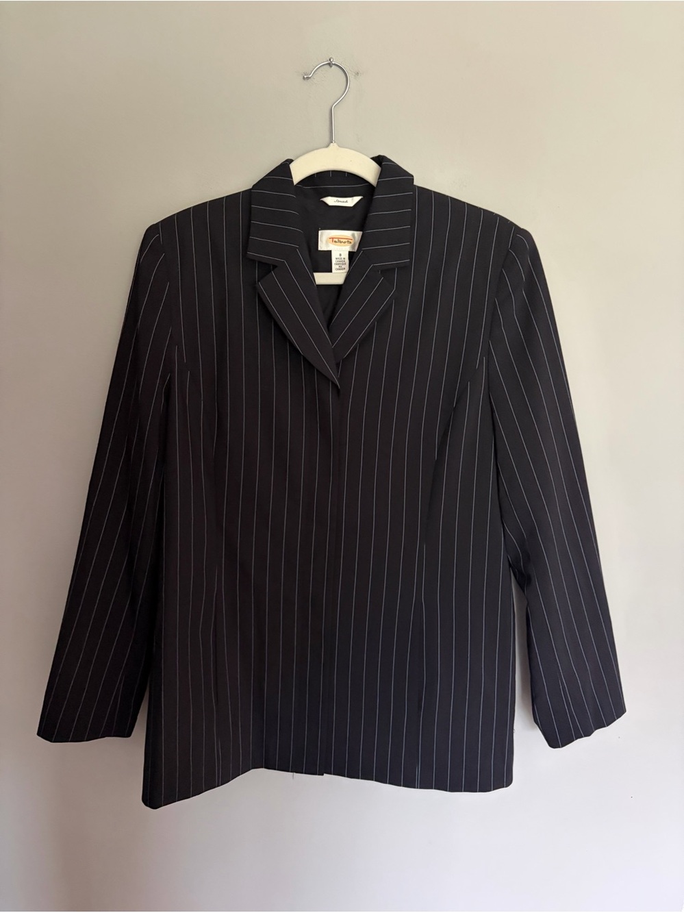 Vtg Talbots Blazer Womens 8 Navy Blue Pinstripe Worsted Wool Stretch Canada Made